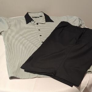 Striped Black and White Button-Up Shirt with Black Shorts